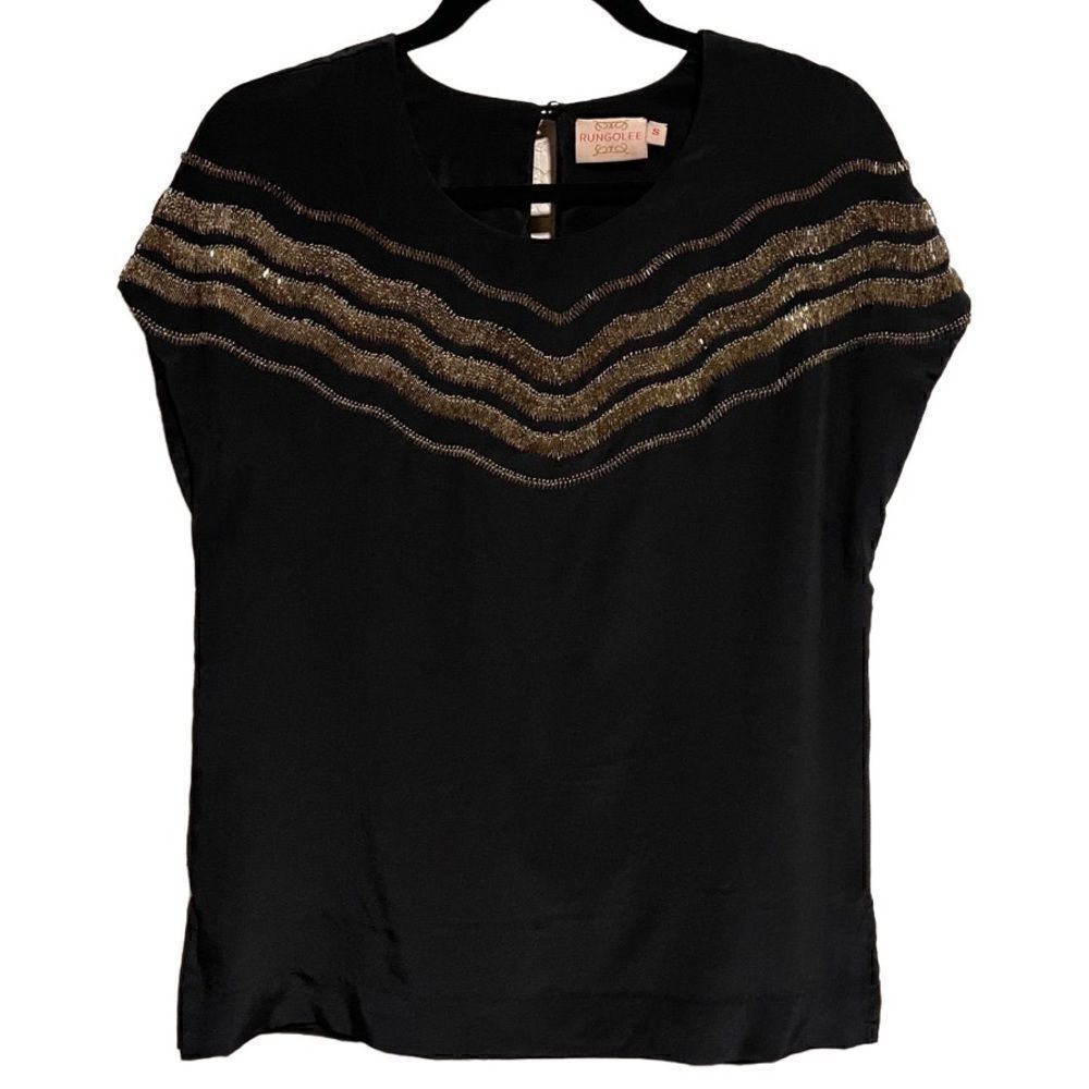 RUNGOLEE- Women’s Black Silk Blouse w Gold Beaded Design, Size Small
